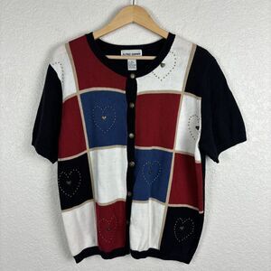 Vintage Alfred Dunner Womens‎ Patchwork Button Up Sweater Large Red White Hearts